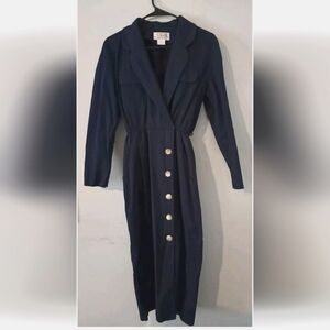 Vintage Navy 100% cotton Long Sleeve Dress Button Down With Pockets Size 4